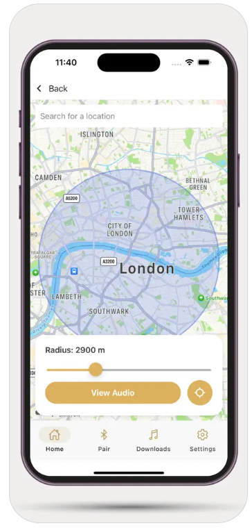 TravelBuds App Interface showing London map with radius selection